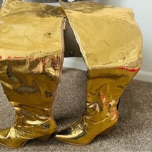 Gold Metallic Over-the-Knee Western Boots - Women's